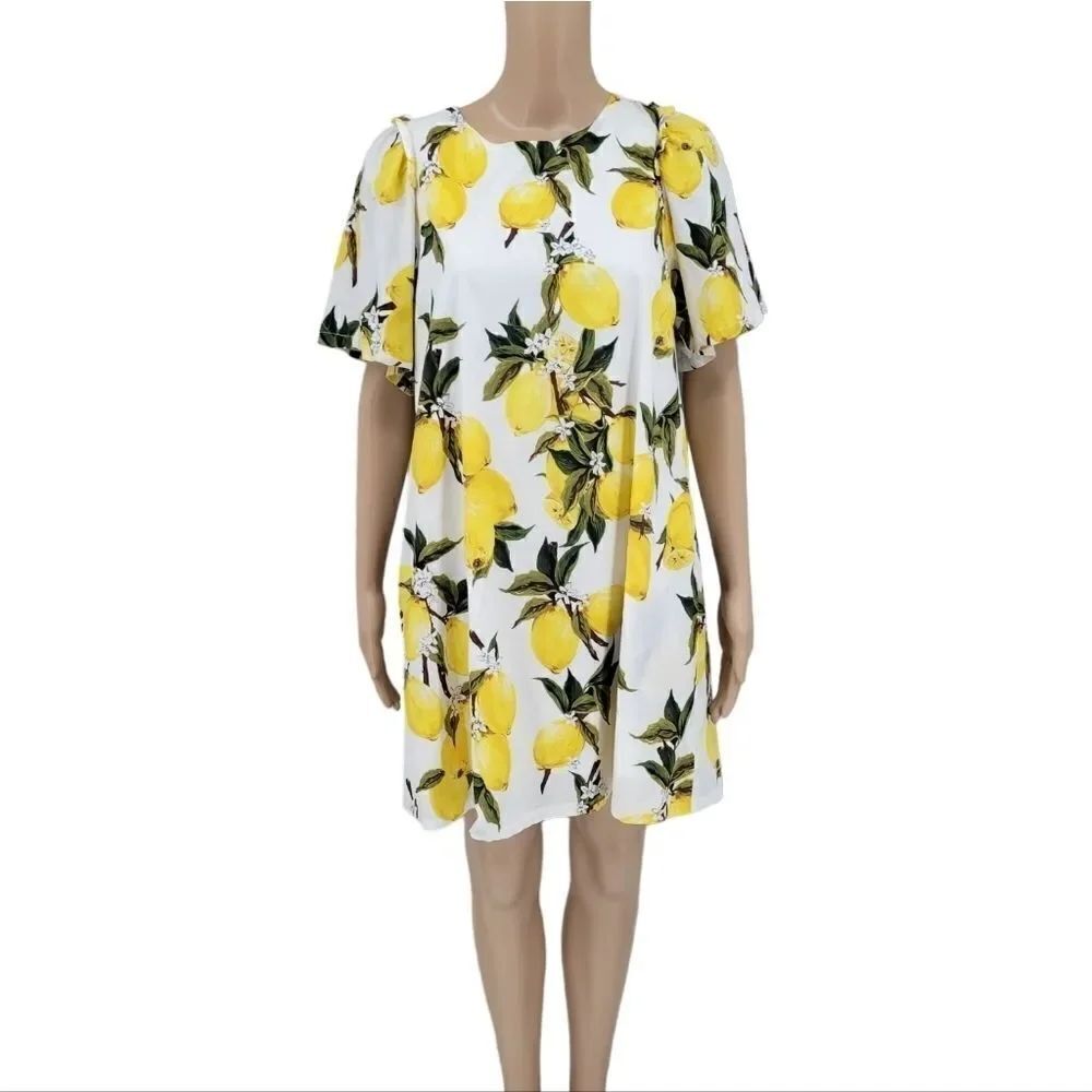 Love Riche White with Yellow Lemons Cotton Midi Dress Women's Large